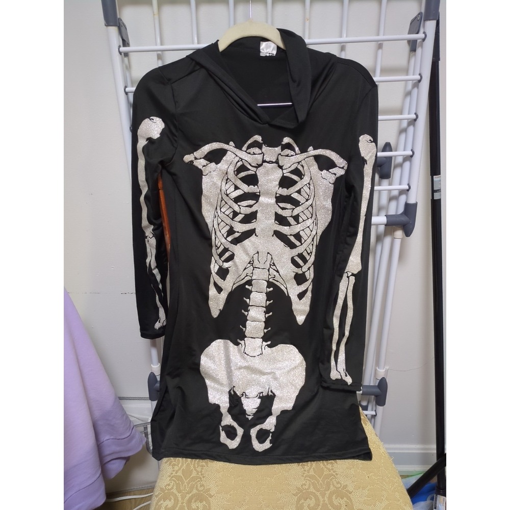 Spirit Halloween Sexy Skeleton Hooded Black Mini Dress Adult Size Medium Glitter